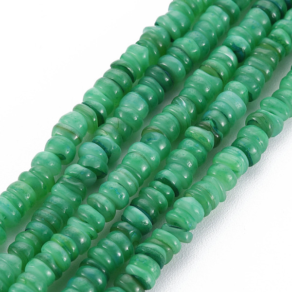 

PandaHall Natural Freshwater Shell Beads Strands, Dyed, Heishi Beads, Flat Round/Disc, Medium Sea Green, 3~4x0.3~3mm, Hole: 0.6mm, about...
