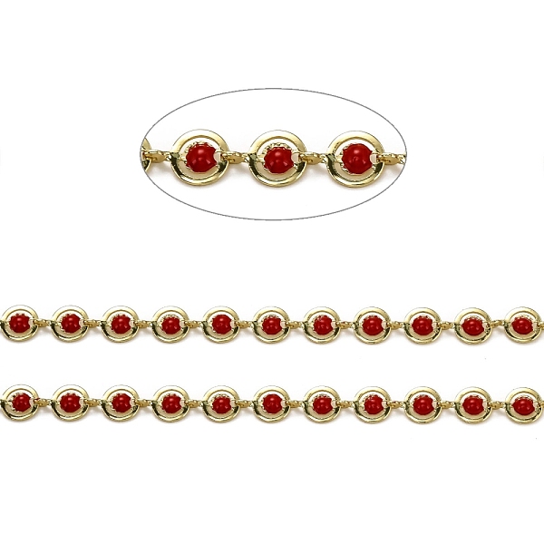 

PandaHall Brass Link Chains, with Enamel, Spool, Long-Lasting Plated, Unwelded, Flat Round, Golden, Dark Red, Links: 9x6x1.5mm Brass+Enamel