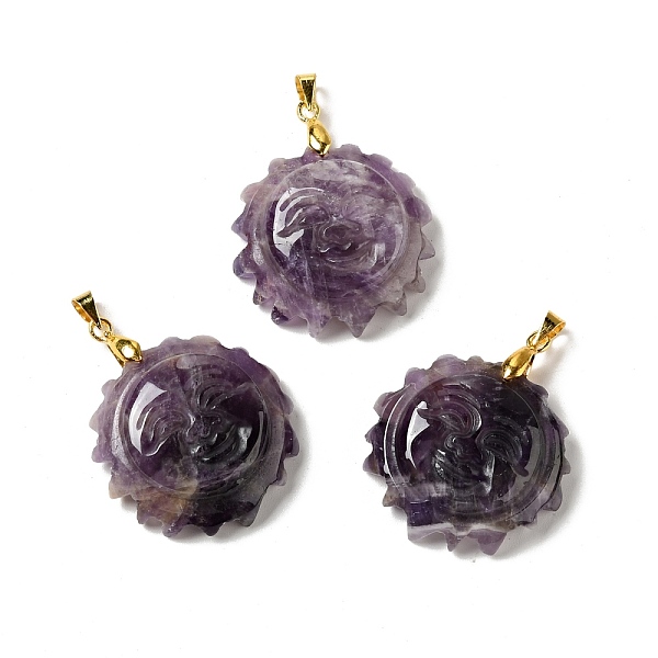 

PandaHall Natural Amethyst Pendants, with Golden Tone Brass Findings, Lead Free & Cadmium Free, Sun with Smiling Face, 36x29~29.5x9.5mm...