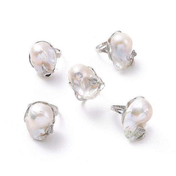 

PandaHall Natural Pearl Nugget with Cubic Zirconia Leaf Open Cuff Ring, Platinum Plated Brass Jewelry for Women, Cadmium Free & Lead Free...
