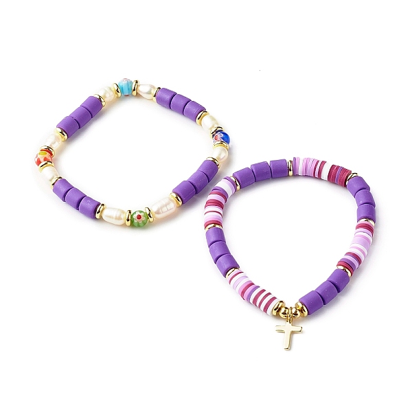 

PandaHall Handmade Polymer Clay Stretch Bracelets Sets, with Millefiori Glass Beads and Pearl Beads, Brass Beads and Cross Charm, Blue...