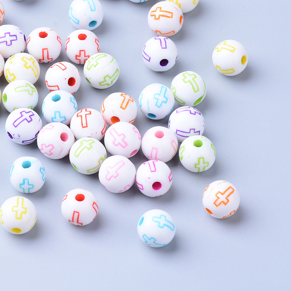 

PandaHall Craft Acrylic Beads, Round with Cross, White, 7~8mm, Hole: 1.5mm Acrylic Round White