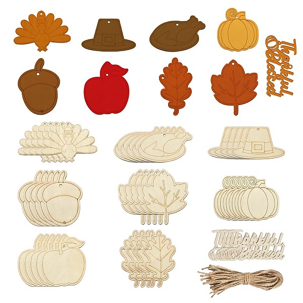 

PandaHall Thanksgiving Day Theme Unfinished Wood Cutouts, Decorative Wooden Pendant Decorations, Turkey/Pumpkin/Acorn, Wheat, Wood..., Orange