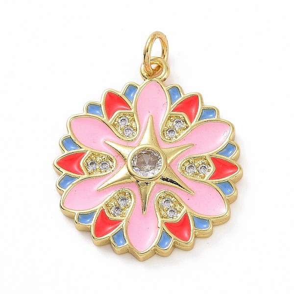 

PandaHall Brass Micro Pave Clear Cubic Zirconia Pendants, Real 18K Gold Plated, with Enamel and Jump Ring, Flower Charms, Pink, 24x21x3mm...