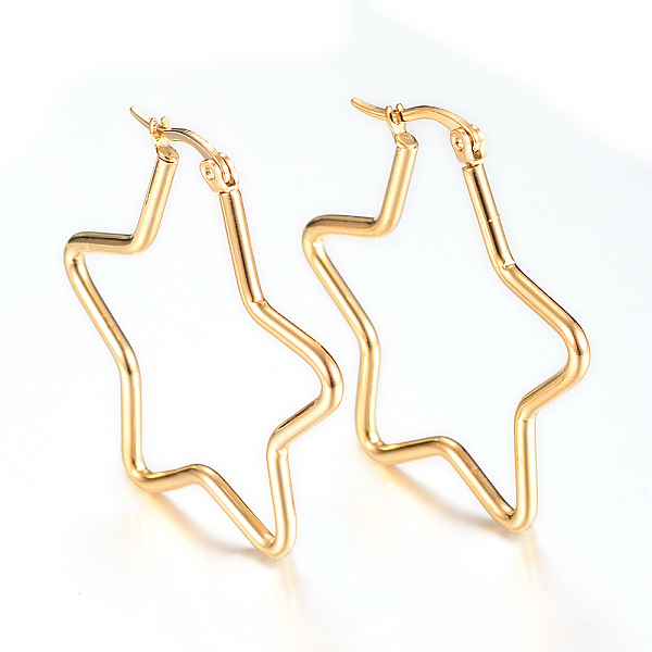 

PandaHall Vacuum Plating 304 Stainless Steel Hoop Earrings, Star, Golden, 12 Gauge, 39x38x2mm, Pin: 1mm 304 Stainless Steel Star