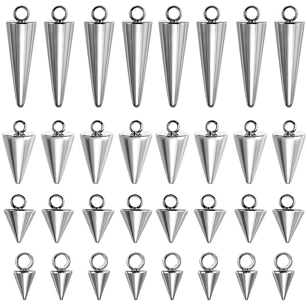 

PandaHall 40Pcs 4 Style 304 Stainless Steel Pendants, Spike/Cone, Stainless Steel Color, 6.5~18x3~7mm, Hole: 1.8~2mm, 10pcs/style 304...