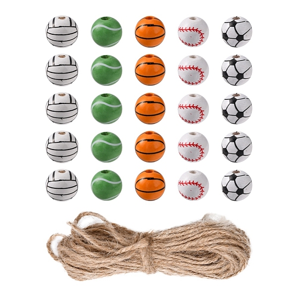 

PandaHall 50Pcs 5 Styles Printed Natural Wood European Beads, Large Hole Beads, Baseball & Volleyball & Football & Basketball, with 1 Bundle..., Multicolor