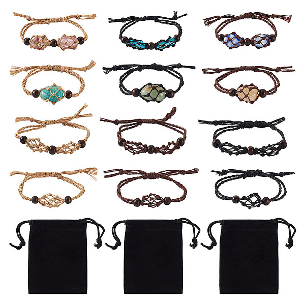 

PandaHall Fashewelry 6Pcs Adjustable Braided Waxed Polyester Cord Macrame Pouch Bracelet Making, Interchangeable Stone, with Wood Beads..., Multicolor