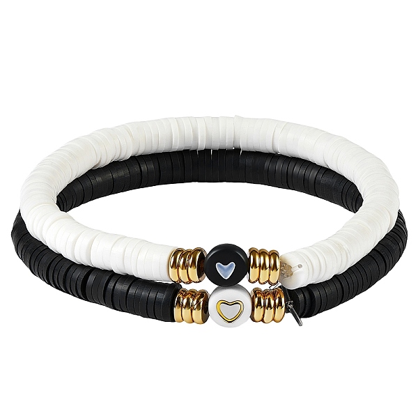 PandaHall Heart Pattern Beads Stretch Bracelets Set for Women, Polymer Clay Heishi Beads Surfer Bracelets, White & Black, Golden, Inner...