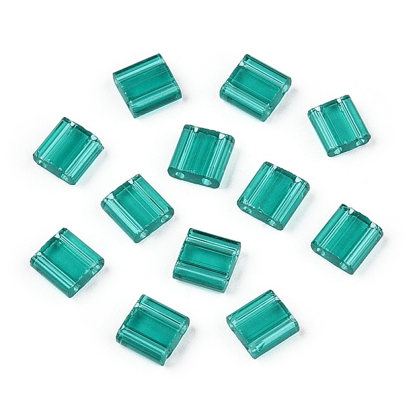 PandaHall 2-Hole Glass Seed Beads, Transparent Colours, Rectangle, Teal, 4.5~5.5x2x2~2.5mm, Hole: 0.5~0.8mm Glass Rectangle Cyan