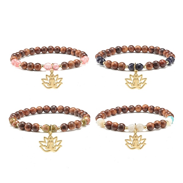 

PandaHall Lotus Charm Bracelet, Wood & Natural & Synthetic Mixed Stone Round Beads Energy Bracelet for Women, Golden, Inner Diameter: 2-1/8...