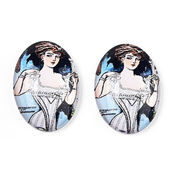 

PandaHall Glass Cabochons, with European Style Pattern, Oval, Light Sky Blue, 25x18x6mm Glass Oval