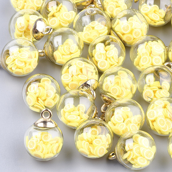

PandaHall Glass Ball Pendants, with Polymer Clay and CCB Plastic Findings, Round, Golden, Yellow, 21x15.5~16mm, Hole: 2mm Glass Round Yellow