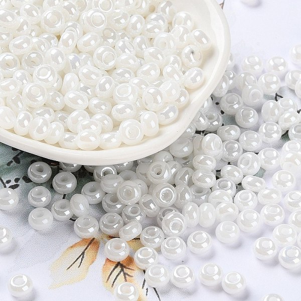 

PandaHall Glass Seed Beads, Opaque Colours Luster, Round, White, 5~5.5x3~3.5mm, Hole: 1.5~1.6mm, about 3488pcs/pound Glass White