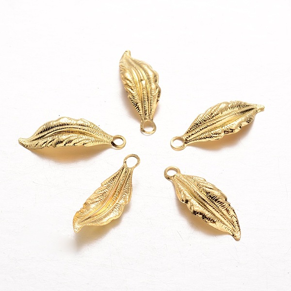 

PandaHall Iron Pendants, Leaf, Golden, 26x9x1mm, Hole: 2.5mm Iron Leaf