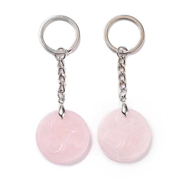 

PandaHall Natural Rose Quartz Triskele/Triskelion Pendant Keychain, with Brass Split Key Rings, 9cm Rose Quartz Flat Round