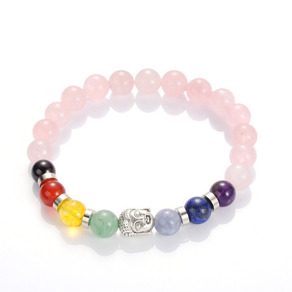 

PandaHall Buddha Head Gemstone Beaded Stretch Bracelets, with Tibetan Style Beads, Rose Quartz, 55mm Rose Quartz