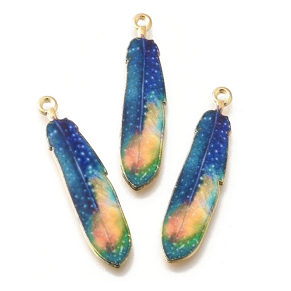 

PandaHall Alloy Enamel Pendants, Golden, Feather Charm, Dark Blue, 38x8.5x1.5mm, Hole: 1.6mm Alloy+Enamel Feather