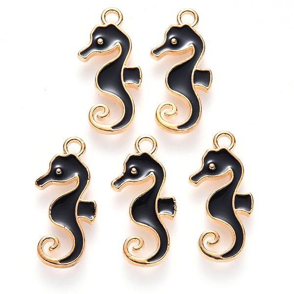 

PandaHall Alloy Enamel Pendants, Sea Horse, Light Gold, Black, 21x11x2mm, Hole: 1.6mm Alloy+Enamel Sea Horse Black