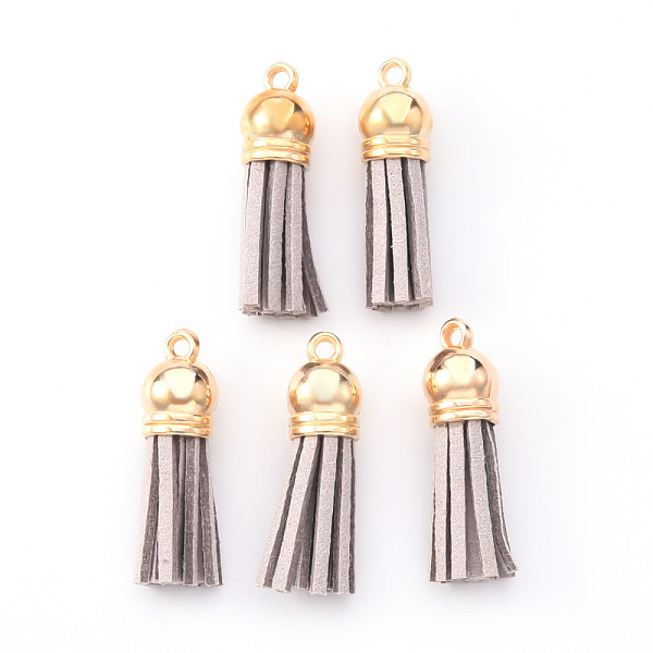 

PandaHall Faux Suede Tassel Pendant Decorations, with CCB Plastic Cord Ends, Light Gold, Light Grey, 33~35x10mm, Hole: 2.5mm Faux Suede