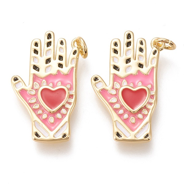 

PandaHall Brass Pendants, with Enamel and Jump Rings, Long-Lasting Plated, Palm with Heart, Pink, Golden, 24x14x2mm, Hole: 3mm Brass+Enamel...