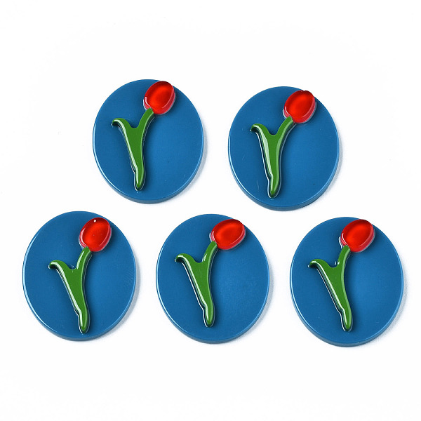 

PandaHall Opaque Acrylic & Resin Cabochons, Oval with Flower, Marine Blue, 30x25x5mm Acrylic Oval