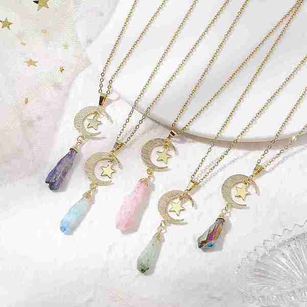 Cristal De Cuarzo Natural Galvanizado Con Collares Con Colgante De Luna Y Estrella.