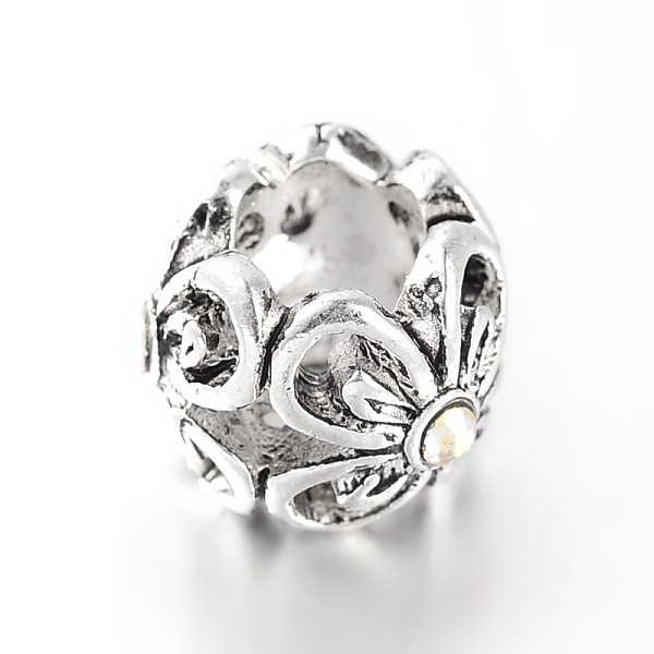 

PandaHall Antique Silver Tone Alloy Rhinestone European Beads, Large Hole Rondelle/Flower Beads, Crystal AB, 11x8mm, Hole: 5mm..., Clear