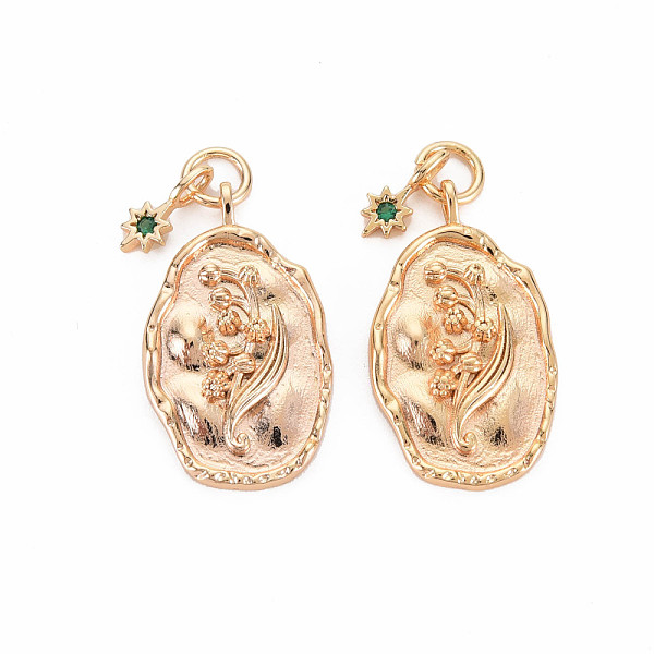 

PandaHall Brass Emerald Rhinestone Pendants, Birth Flower Charms, Nickel Free, Oval with Star, Real 18K Gold Plated, May Lily of the Valley..., Green