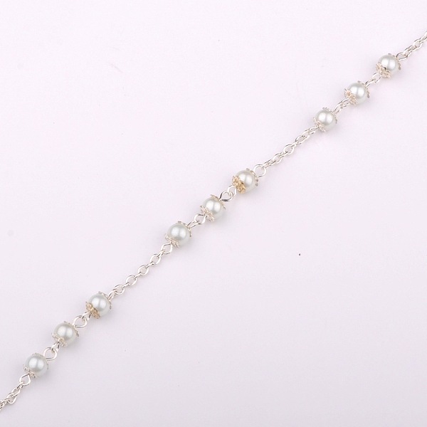 

PandaHall Handmade Round Glass Pearl Beads Chains for Necklaces Bracelets Making, with Iron Beads clasps, Iron Cable Chains and Iron Eye Pin..., White