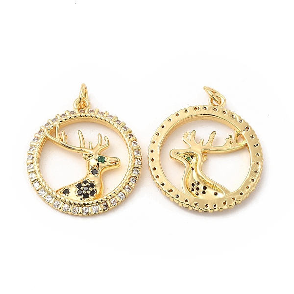 

PandaHall Brass Micro Pave Cubic Zirconia Pendants, with Jump Ring, Flat Round with Christmas Reindeer/Stag Charm, Golden, Clear, 25x22x3mm...