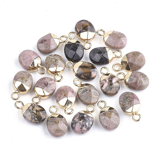 

PandaHall Electroplate Natural Rhodonite Charms, with Iron Findings, Faceted, Oval, Golden, 14~15x8x5~5.5mm, Hole: 1.8mm Rhodonite Oval