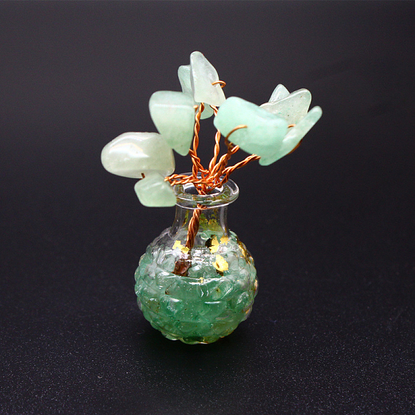 PandaHall Natural Green Aventurine Chips Tree Decorations, Vase Base with Copper Wire Feng Shui Energy Stone Gift for Home Office Desktop...