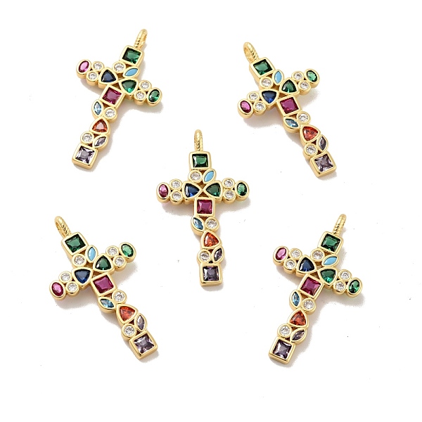 

PandaHall Cross Brass Micro Pave Colorful Cubic Zirconia Pendants, Cadmium Free & Nickel Free & Lead Free, Real 18K Gold Plated, 32x18x2mm...