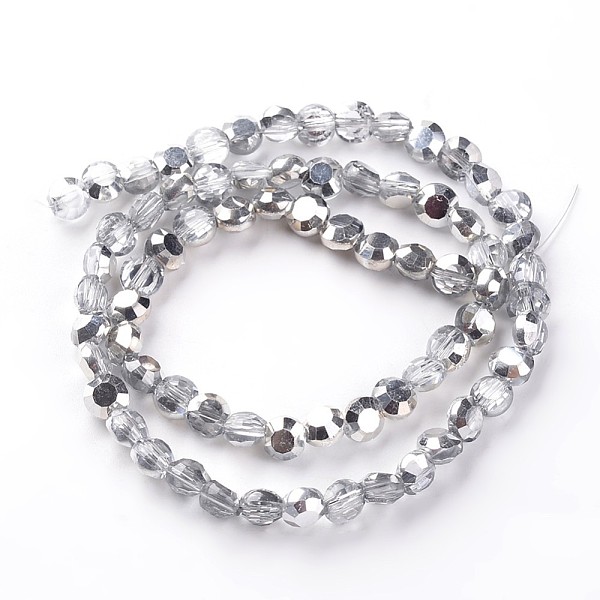 

PandaHall Electroplate Glass Bead Strands, Half Plated, Flat Round, Faceted, Silver Plated, 5~6x4mm, Hole: 1mm, about 72pcs/strand, 15 inch..., Clear