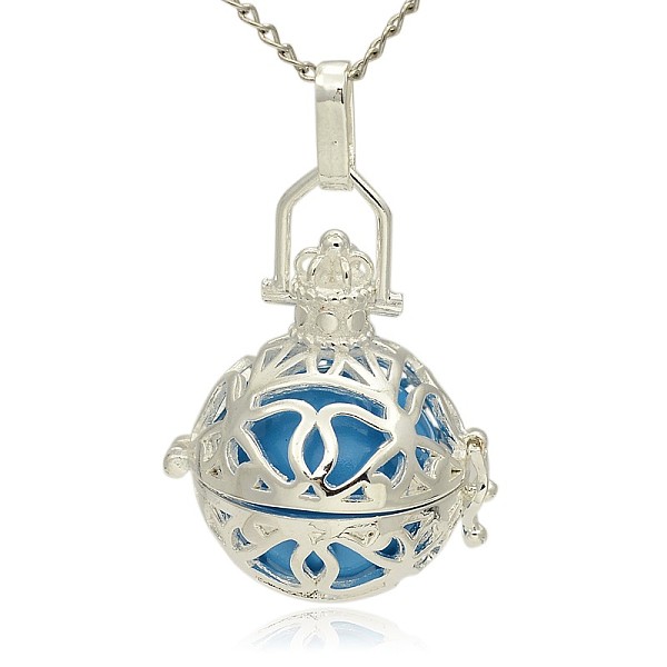 

PandaHall Silver Color Plated Brass Hollow Round Cage Pendants, with No Hole Spray Painted Brass Ball Beads, Deep Sky Blue, 31x27x22mm, Hole...