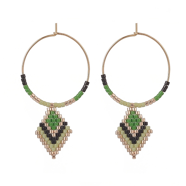 

PandaHall Glass Seed Braided Rhombus Dangle Hoop Earrings, Golden 316 Surgical Stainless Steel Jewelry for Women, Lime Green, 49mm, Pin...