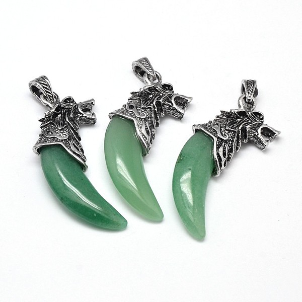 

PandaHall Antique Silver Zinc Alloy Natural Green Aventurine Big Pendants, Tusk Shape with Wolf, Lead Free & Nickel Free, 53~57x23x10mm...