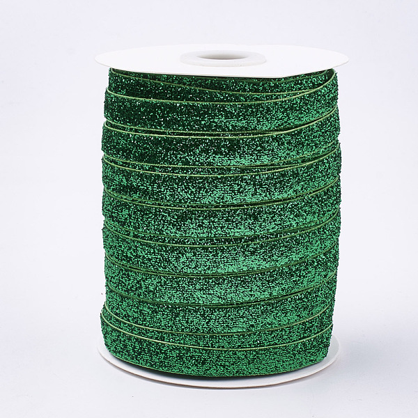 

PandaHall Glitter Sparkle Ribbon, Polyester & Nylon Ribbon, Green, 3/8 inch(9.5~10mm), about 50yards/roll(45.72m/roll) Polyester None Green