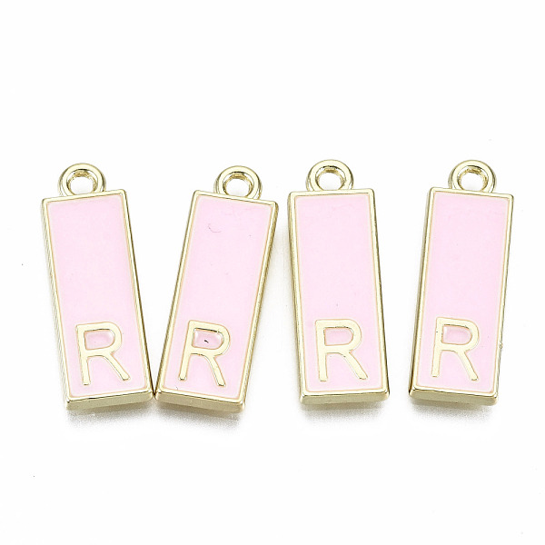 

PandaHall Alloy Enamel Pendants, Cadmium Free & Lead Free, Rectangle with Initial Letters, Light Gold, Letter.R, 23.5x8x2mm, Hole: 1.8mm..., Pink