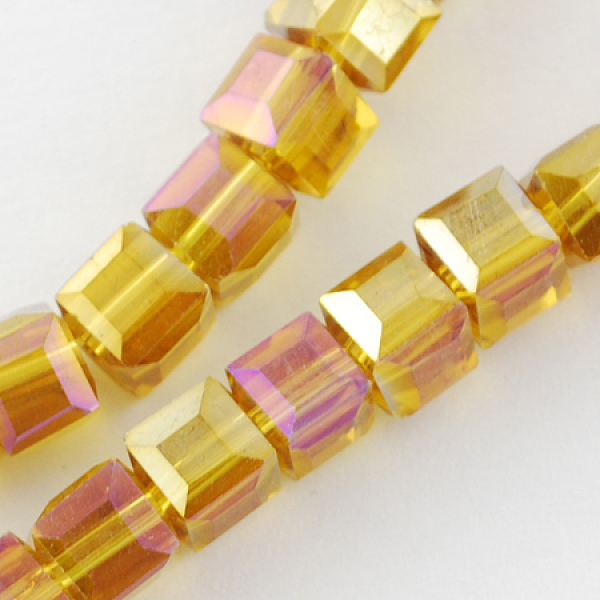 PandaHall Electroplate Glass Beads Strands, AB Color Plated, Faceted, Cube, Goldenrod, 6x6x6mm, Hole: 1mm, about 100pcs/strand, 22 inch...