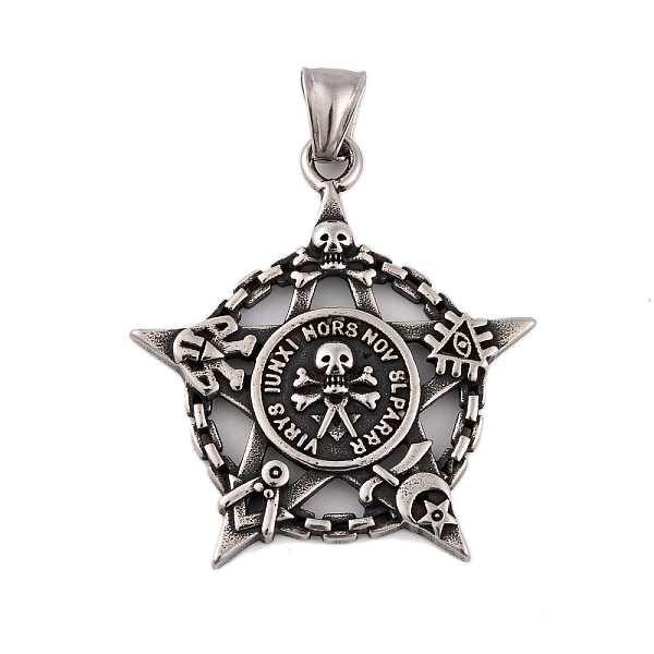 

PandaHall 304 Stainless Steel Pendants, Star with Skull Charm, Antique Silver, 43.5x40x4mm, Hole: 8x3.5mm 304 Stainless Steel Star