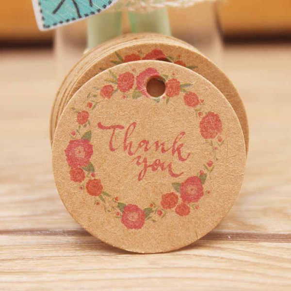 PandaHall Paper Gift Tags, Hange Tags, For Arts and Crafts, Thanksgiving, Round with Flower and Word Thank You, BurlyWood, 30x0.4mm, Hole...