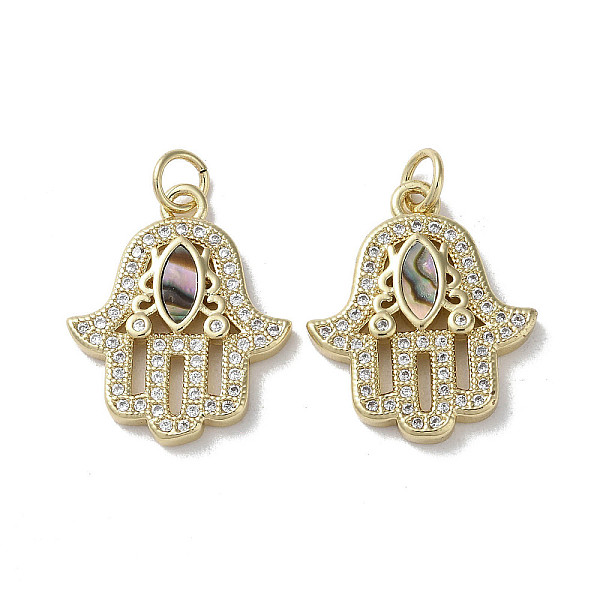 

PandaHall Brass Micro Pave Cubic Zirconia Pendants, with Paua Shell, Hamsa Hand, Real 18K Gold Plated, 21x17.5x3mm, Hole: 3mm Brass+Cubic..., Clear