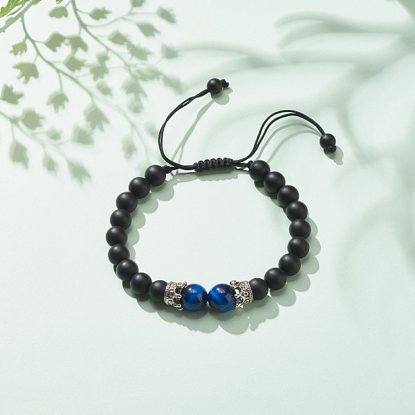 

PandaHall Natural Frosted Black Agate(Dyed) & Tiger Eye Braided Bead Bracelet with Alloy Crown, Gemstone Jewelry for Women, Medium Blue...