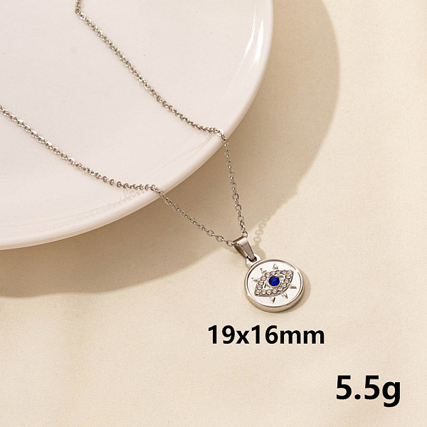 

PandaHall Stylish Stainless Steel Rhinestones Flat Round with Evil Eye Pendant Necklace, Hip-hop Street Fashion Stainless Steel Flat Round
