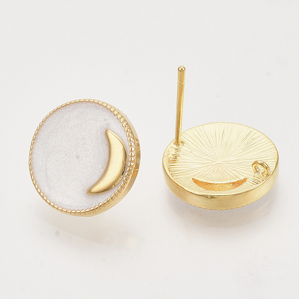 

PandaHall Brass Stud Earring Findings, with Enamel and Loop, Flat Round with Moon, Real 18K Gold Plated, Nickel Free, Creamy White, 14x4mm...