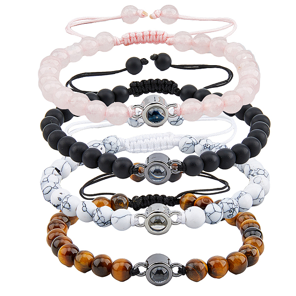 

PandaHall FIBLOOM 4Pcs 4 Styles I Love You in 100 Languages Projection Bracelets Set, Natural Mixed Gemstone & Glass & Brass Braided Bead...
