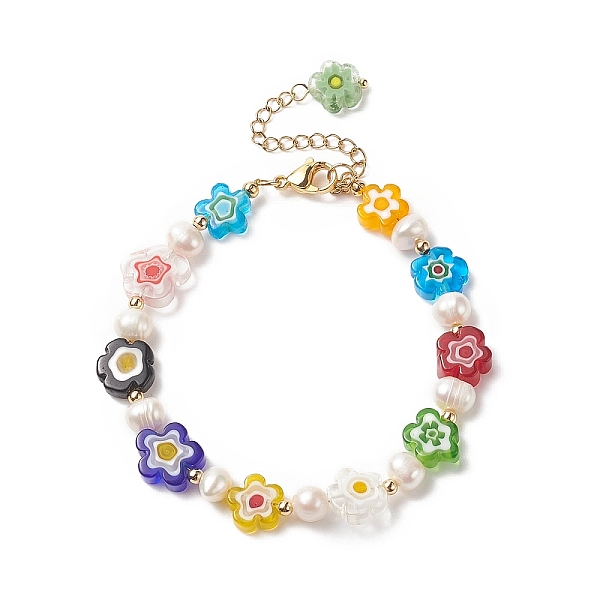 

PandaHall Millefiori Glass Flower & Natural Pearl Beaded Bracelet for Women, Colorful, 7-1/2 inch(19.2cm) Pearl