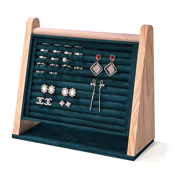 

PandaHall Multi Slot Velvet Slant Back Ring Organizer Stands, with Wood Base, for Rings, Earrings Display, Dark Green, 31x11.5x27cm Velvet